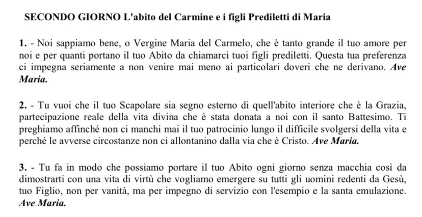 💙 ℕ𝕆𝕍𝔼ℕ𝔸 𝔸𝕃𝕃𝔸 𝕄𝔸𝔻𝕆ℕℕ𝔸 𝔻𝔼𝕃 ℂ𝔸ℝ𝕄𝔼𝕃𝕆 💙

𝗦𝗲𝗰𝗼𝗻𝗱𝗼 𝗴𝗶𝗼𝗿𝗻𝗼: 
Noi sappiamo bene, o Vergine Maria del Carmelo,che è tanto grande il tuo amore per noi e per quanti portano il tuo Abito da chiamarci tuoi figli prediletti.🩵