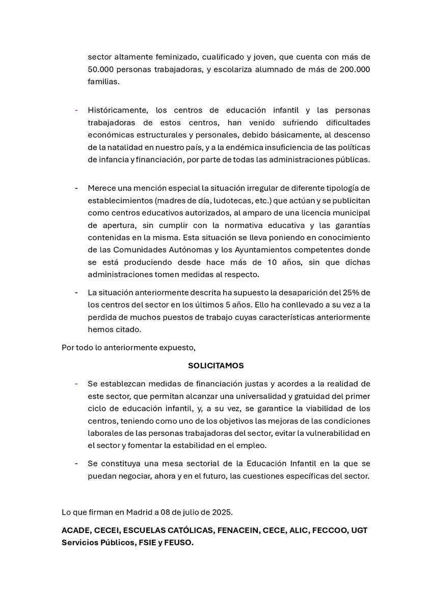 Declaración de las organizaciones patronales CECE, ACADE, CECEI, ESCUELAS CATÓLICAS (a través de  su patronal EyG), FENACEIN y ALIC y las sindicales FECCOO, UGT Servicios  Públicos, FSIE y FEUSO representativas del sector de la educación infantil privada
cece.es/noticias/decla…