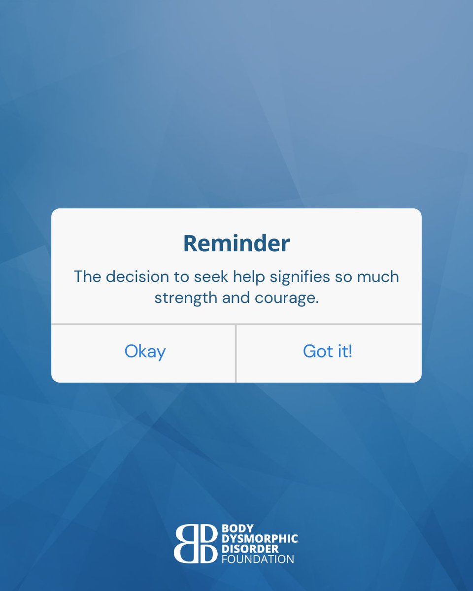Accepting you might have BDD and seeking support is such a huge step, but one of the bravest things you can do. Reach out today, you are not alone 💙

✉️ support@bddfoundation.org 

#recovery #bodydysmorphicdisorder #bodydysmorphia #BDD #mentalhealth #awareness