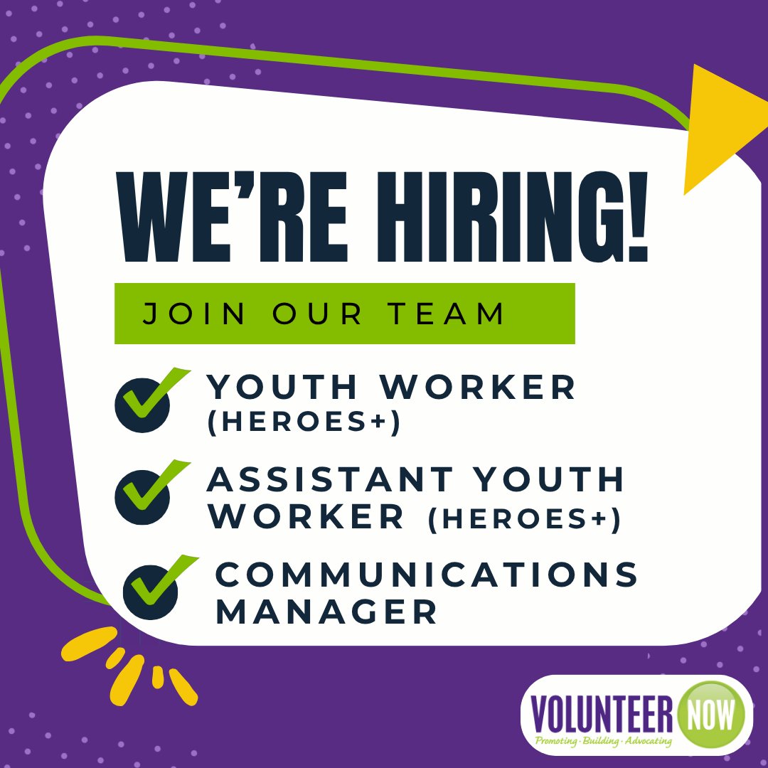 🚨CLOSING TODAY AT 4PM🚨

We're hiring!

▶️ Youth Worker Heroes+ (full-time)
▶️ Assistant Youth Worker Heroes+ (part-time)
▶️ Communications Manager (full-time)

👉 volunteernow.co.uk/vacancies/