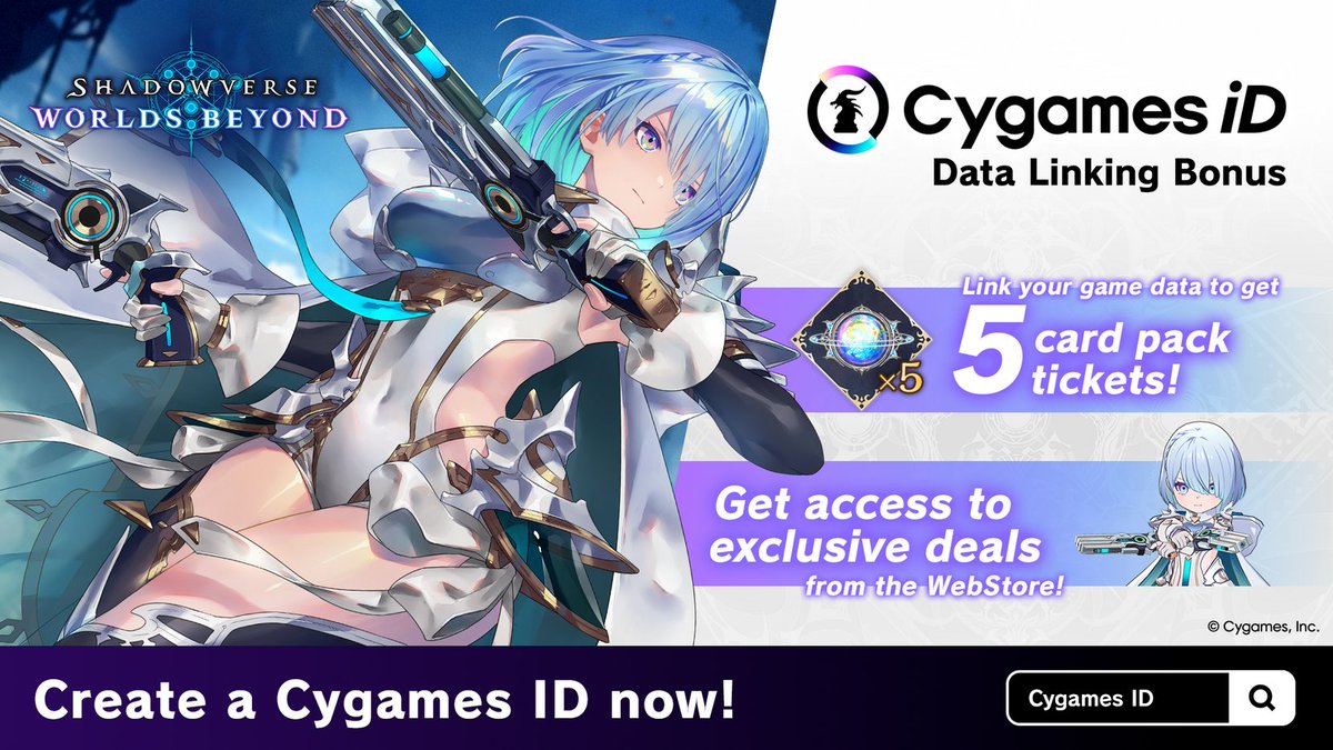 Have you connected your Cygames ID to Worlds Beyond yet? Unlock rewards when you link your game data!

⭐ Earn 5 free card pack tickets
⭐ Get discounted crystals from the WebStore

Get started: cygames.com/en/

#ShadowverseWB #CygamesID