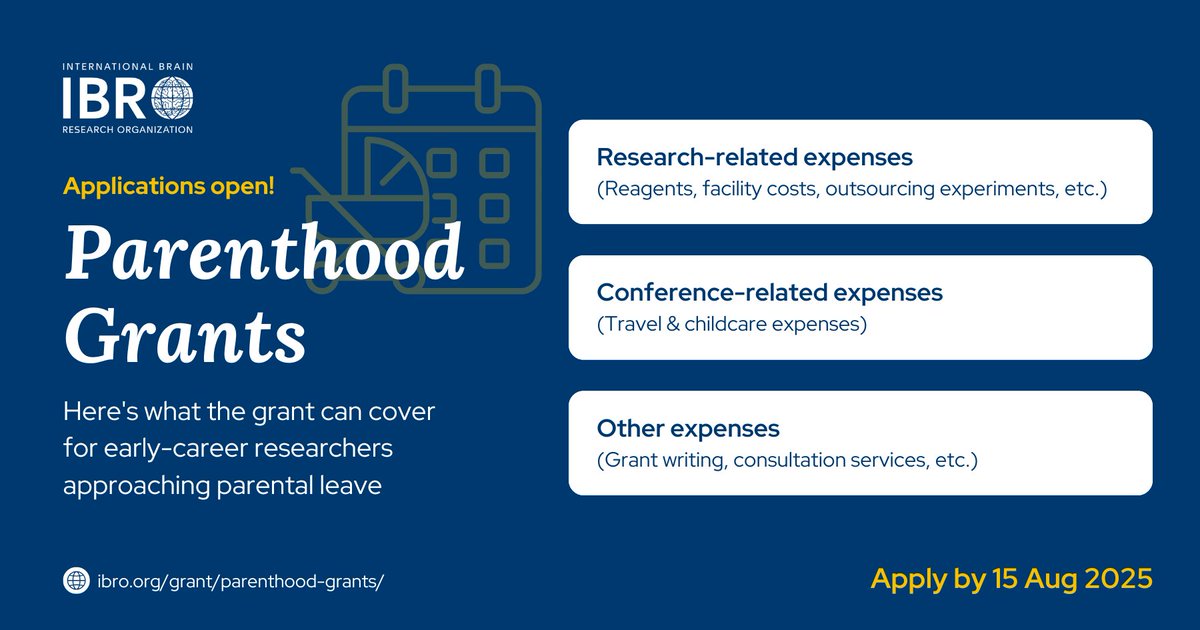 IBRO Parenthood Grants cover various costs for early-career #neuroscientists, helping them balance between career &amp; the parent life 🍼

Discover what's covered &amp; apply by 15 Aug:
ow.ly/NhOj50Wm7xl

#IBROinAsiaPacific #IBROinUSCanada #IBROinAfrica #IBROinLatAm #IBROinEurope