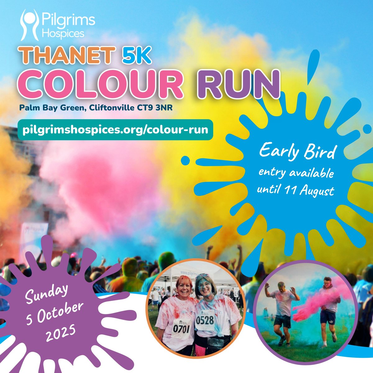 Our #ThanetColourRun returns on Sunday 5 October! Early Bird entry is available until 11 August. Sign up today: pilgrimshospices.org/colour-run 🌈 ✨ 💙