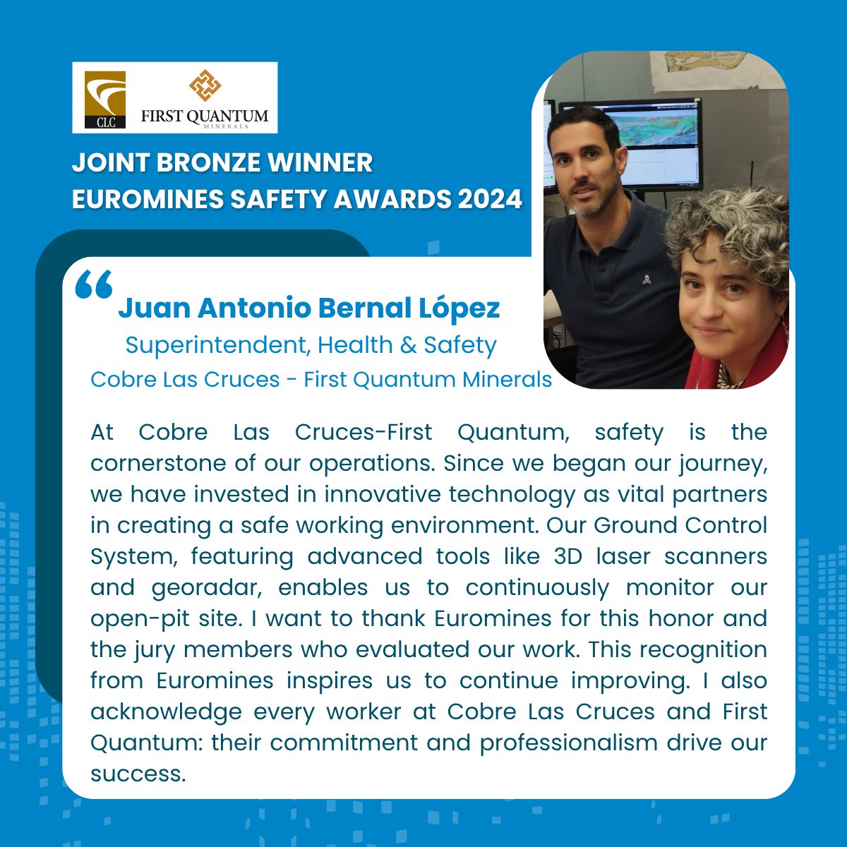 In 2024, <a href="/cobrelascruces/">Cobre Las Cruces</a> - <a href="/FQMinerals/">First Quantum Minerals</a> (FQML) won the joint Bronze at the #EurominesSafetyAwards for their ground control system.

➡️ Members, apply by 15 July for Euromines Safety Awards 2025: shorturl.at/iseZ2

➡️ Cobre Las Cruces - FQML's system: shorturl.at/KxrPd