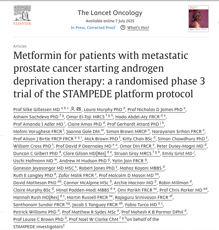 Metformin for patients with metastatic prostate cancer starting androgen deprivation therapy: a randomised phase 3 trial of the STAMPEDE platform protocol

sciencedirect.com/science/articl…

In the STAMPEDE phase 3 trial, researchers evaluated whether adding metformin to standard of care