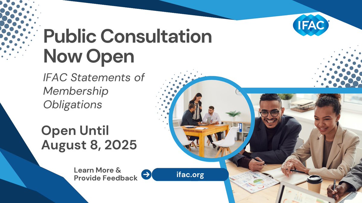 IFAC's tweet image. We’re nearing the closing date for our public consultation on targeted revisions to the Statements of Membership Obligations. The consultation is open until August 8.
Visit the IFAC website to participate and provide feedback: bit.ly/3RfOUXK
Thank you for your input!