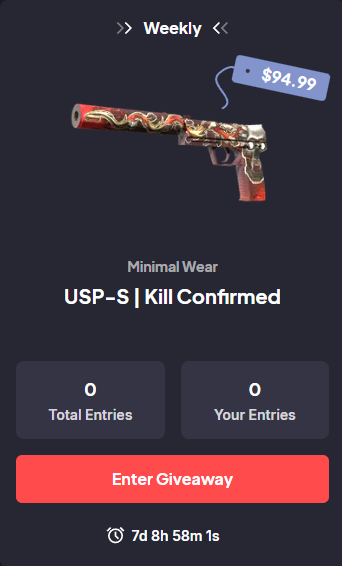 A new weekly giveaway is up!

Visit skinswap.com/free-cs-skins, claim tickets &amp; submit your entries now!