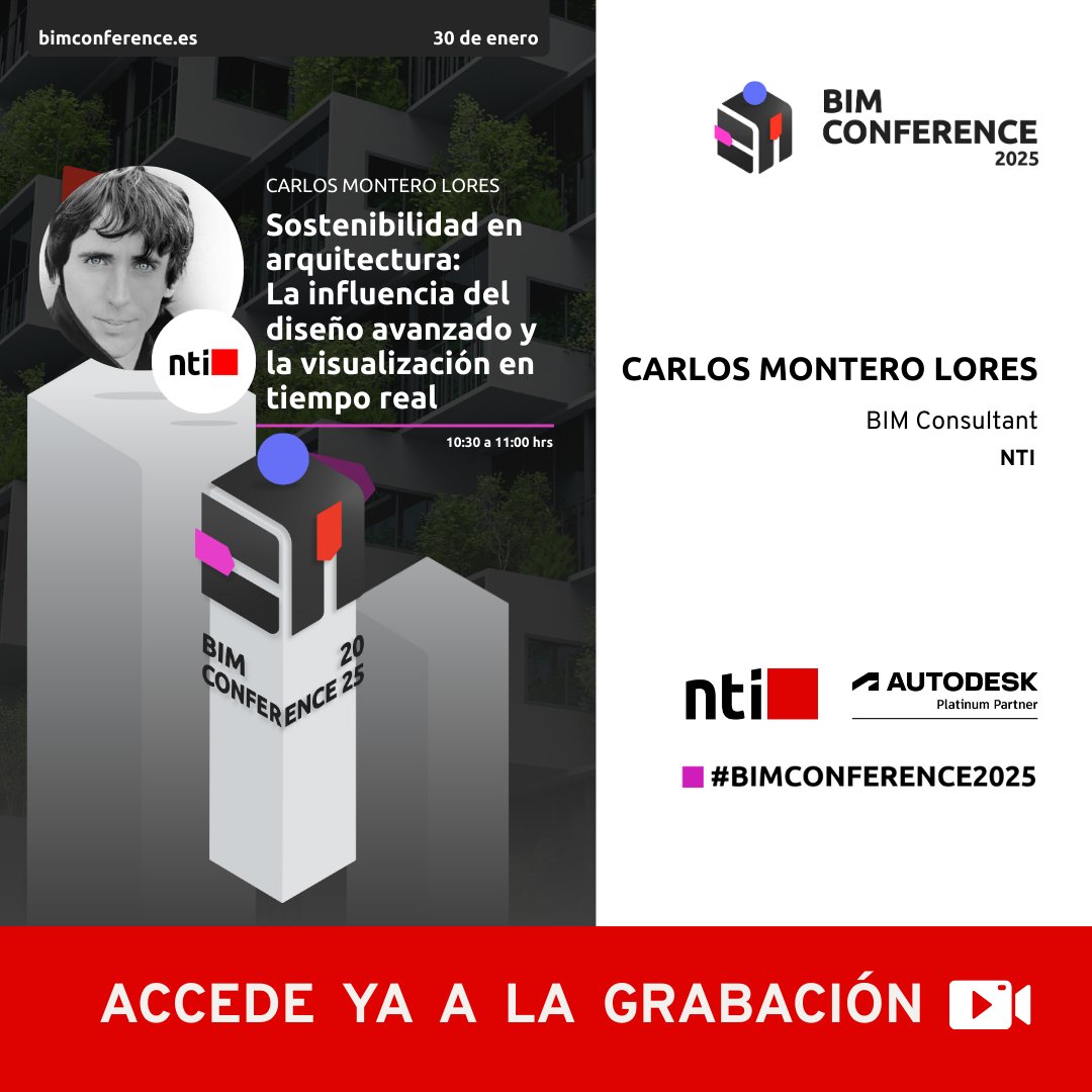 🎥 Grabación: Sostenibilidad en arquitectura con diseño avanzado y visualización en tiempo real. Ponencia de Carlos Montero Lores en la BIM Conference 2025. 
🔗 f.mtr.cool/oxznluuyfq 
#BIMConference2025 #Autodesk #BIM #Sostenibilidad #Arquitectura #NTISpain #NTIGroup