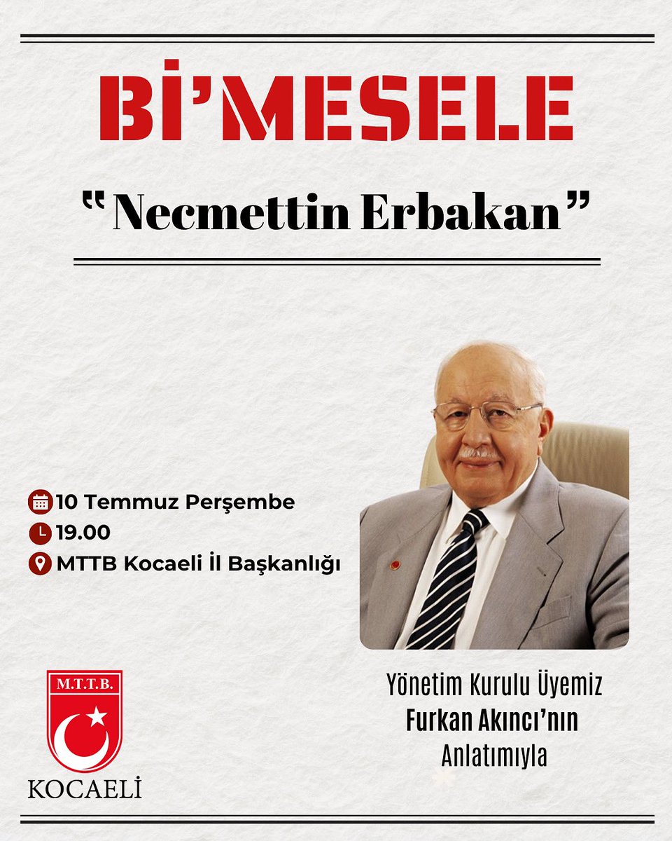 ❗️Bi’ Mesele 
Yönetim Kurulu üyemiz Furkan Akıncının anlatımıyla: 
Programımızın bu haftaki konusu “ Necmettin Erbakan ” olacaktır. Tüm kardeşlerimiz davetlidir. 

Not: Program erkeklere yöneliktir.
#MTTB 
#MTTBKocaeli
 #MTTBŞAHLANIŞTIR