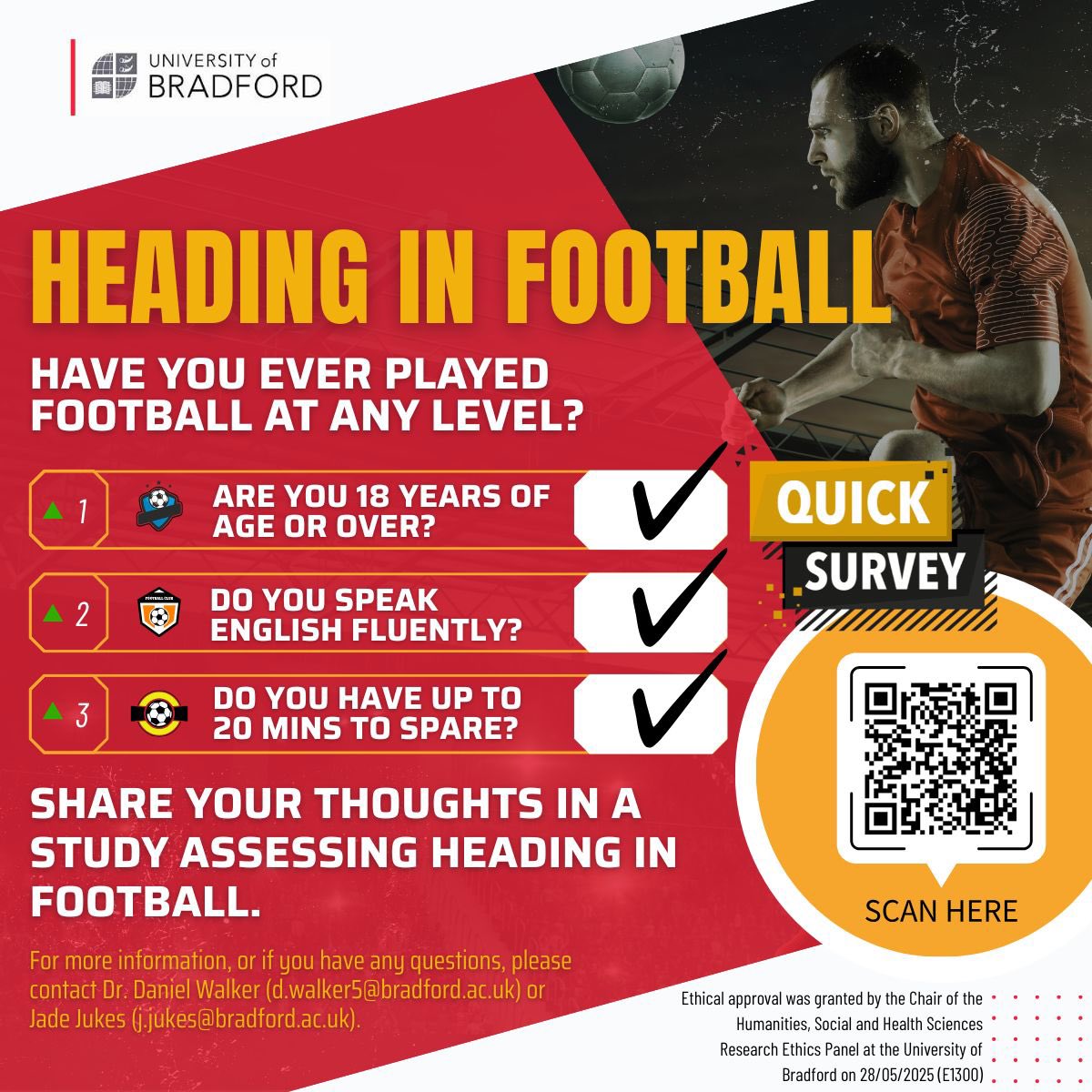 ⚽Have you ever played football at any level? 

⚽️We are seeking participants to take part in a study that will look at an observable symptom after heading the football.

⚽️You can access the questionnaire here: app.onlinesurveys.jisc.ac.uk/s/bradford/sha…