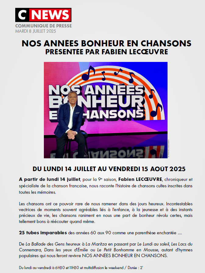 🎶🅡🅔🅝🅓🅔🅩-🅥🅞🅤🅢 🅢🅤🅡 <a href="/CNEWS/">CNEWS</a> 

📢𝐀̀ 𝐩𝐚𝐫𝐭𝐢𝐫 𝐝𝐮 𝟏𝟒 𝐣𝐮𝐢𝐥𝐥𝐞𝐭, pour la 9e saison, <a href="/FabienLecoeuvre/">Fabien Lecoeuvre</a>, chroniqueur et spécialiste de la chanson française, nous raconte l'histoire de chansons cultes inscrites dans toutes les mémoires.

🎼𝗡𝗢𝗦 𝗔𝗡𝗡𝗘́𝗘𝗦