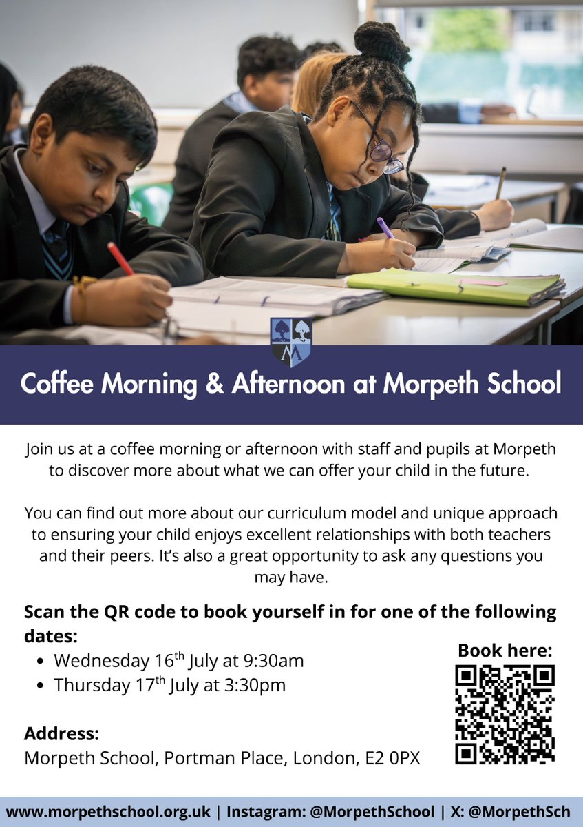 If your child is currently in Year 5, you'll be thinking about transition to secondary school in September 2026. Join us at a coffee morning or afternoon next week to find out more about our school and meet with the headteacher, staff &amp; pupils. Book here: vist.ly/3n8r6we
