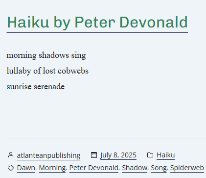 Delighted to have a Haiku just published 

Huge thanks to DJ Tyrer and #575haikujournal #haiku #poetry #DJTyrer 

575haikujournal.wordpress.com