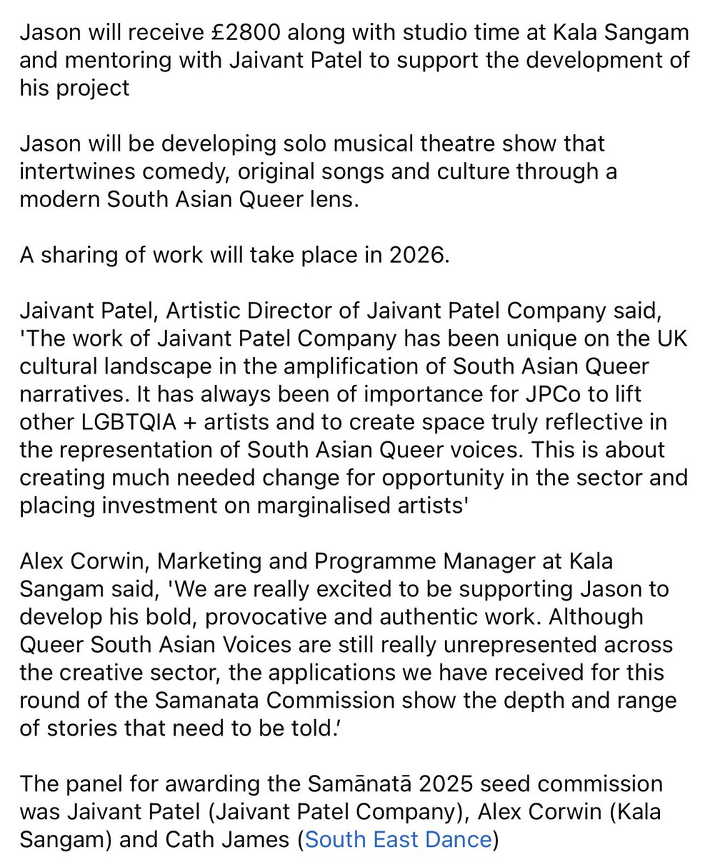 Jaivant Patel Company (@jaivantpatelco) on Twitter photo <a href="/jaivantpatelco/">Jaivant Patel Company</a> and <a href="/Kala_Sangam/">Bradford Arts Centre</a> are delighted to announce Jason Patel as the third recipient of the Samānatā South Asian Queer Performance Seed Commission for 2025.
#LetsCreate <a href="/jaivantpatelco/">Jaivant Patel Company</a> and <a href="/Kala_Sangam/">Bradford Arts Centre</a> are delighted to announce Jason Patel as the third recipient of the Samānatā South Asian Queer Performance Seed Commission for 2025.
#LetsCreate