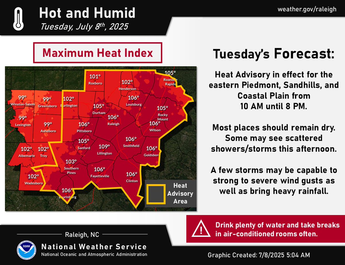 🥵Another hot and humid day across central NC!

☀️It will feel like 100 to 109 degrees in the shade this afternoon and even worse in direct sunlight.

💧Drink plenty of water and take breaks in air-conditioned rooms, if you can. #NCwx