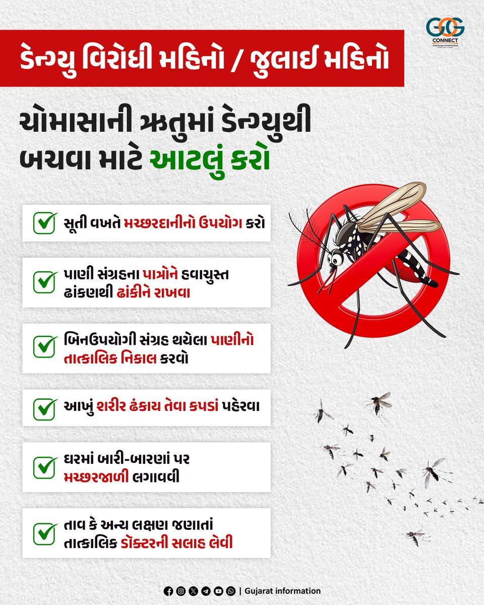 જુલાઈ મહિનો 'ડેન્ગ્યુ વિરોધી માસ'

ચોમાસાની ઋતુમાં ડેન્ગ્યુથી બચવા માટે આ બાબતોનું ધ્યાન રાખવું…

#FightAgainstDengue #AntiDengue #AntiDengueMonth #DenguePrevention
#HealthyGujarat