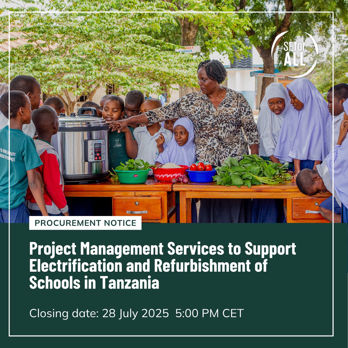 📣 We’re seeking a Project Management Firm to support our Clean Cooking Transition in Schools programme—covering technical designs, BOQs, supervision of works, safety plans, and end-to-end project delivery.

🗓 Deadline: 28 July 2025, 17:00 CET
🔗 Apply: seforall.org/procurements/p…