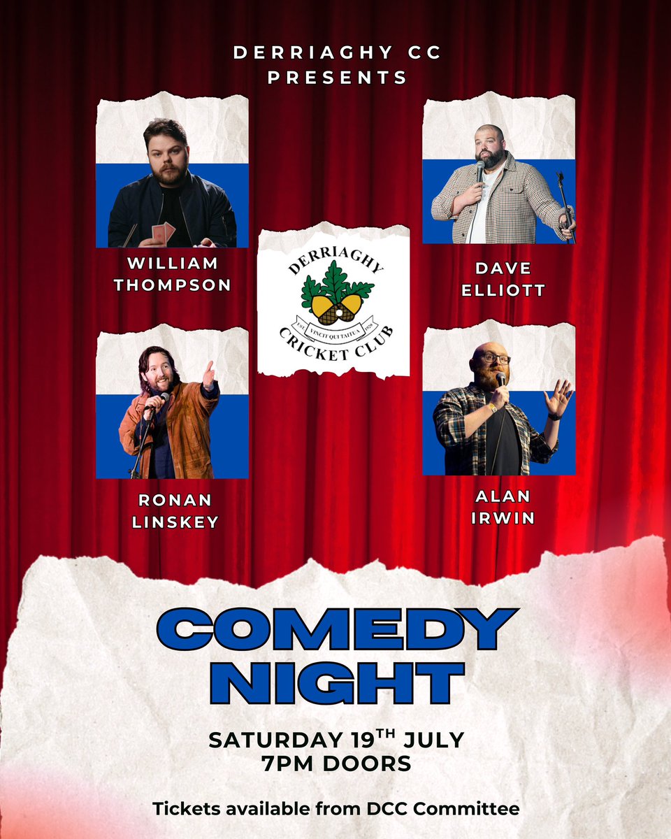 We still have tickets available for our comedy night on Saturday 19th July.

So you don’t miss out on what will be a wonderful night’s craic, please get in touch with Matthew Jennings, Ross Bailey or via private message on here to book your tickets. The tickets are £15 each.