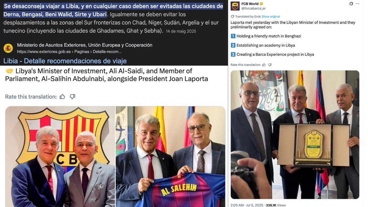 Lapo_outcontext's tweet image. 💸Laporta ha firmado con el gobierno de Libia un amistoso y la creación de una academia y Barça Experience
🔫 Un país que el gobierno español desaconseja visitar
🤔Se acuerdan cuando en su primer mandato Laporta cobró 10M€ de Uzbekistán?
📰Esto no lo verán en los medios