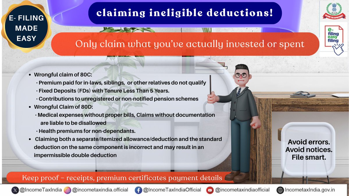 Income Tax India (@incometaxindia) on Twitter photo <a href="/nsitharamanoffc/">Nirmala Sitharaman Office</a> <a href="/officeofPCM/">Office of Pankaj Chaudhary</a> <a href="/FinMinIndia/">Ministry of Finance</a> <a href="/PIB_India/">PIB India</a> <a href="/MIB_India/">Ministry of Information and Broadcasting</a> <a href="/PMOIndia/">PMO India</a> <a href="/mygovindia/">MyGovIndia</a> "E- Filing Made Easy"
Are you claiming ineligible deductions?
Wrongful claim of deductions may invite penal provisions.
Avoid errors, Avoid notices, File Smart. <a href="/nsitharamanoffc/">Nirmala Sitharaman Office</a> <a href="/officeofPCM/">Office of Pankaj Chaudhary</a> <a href="/FinMinIndia/">Ministry of Finance</a> <a href="/PIB_India/">PIB India</a> <a href="/MIB_India/">Ministry of Information and Broadcasting</a> <a href="/PMOIndia/">PMO India</a> <a href="/mygovindia/">MyGovIndia</a> "E- Filing Made Easy"
Are you claiming ineligible deductions?
Wrongful claim of deductions may invite penal provisions.
Avoid errors, Avoid notices, File Smart.