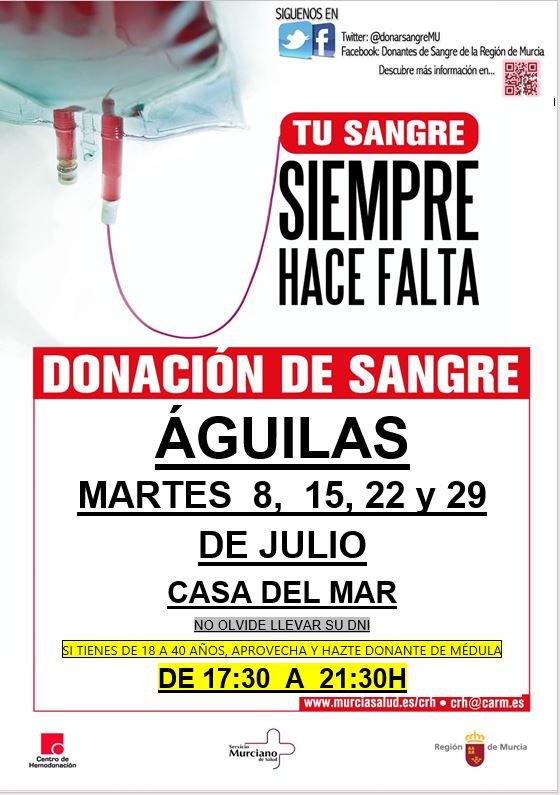 #BuenosDías y #FelizMartes !!!
«Dona sangre, dona esperanza: juntos, salvamos vidas», es una muy buena oportunidad para agradecer y seguir solicitando la solidaridad viva de nuestra Región.

🩸Te esperamos esta tarde en👇
🩸#Águilas Casa del Mar
⏰de 17.30 a 21.30h