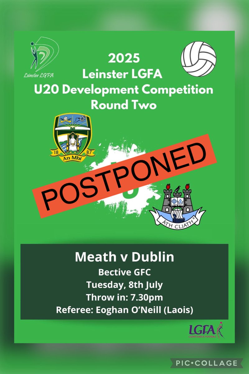 Leinster LGFA (@leinsterlgfa) on Twitter photo *LEINSTER U20*
Due to unforeseen circumstances, tonight’s U20 game between <a href="/meathladiesMLGF/">Meath LGFA</a> and <a href="/dublinladiesg/">DublinLGFA</a> has been postponed.
Tickets will be refunded to those who have already purchased.
#Leinster20s #RoundTwo *LEINSTER U20*
Due to unforeseen circumstances, tonight’s U20 game between <a href="/meathladiesMLGF/">Meath LGFA</a> and <a href="/dublinladiesg/">DublinLGFA</a> has been postponed.
Tickets will be refunded to those who have already purchased.
#Leinster20s #RoundTwo