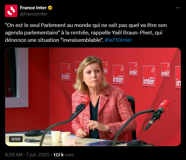 Jeudi soir ce sera le début des vacances pour les députés et sénateurs. Cette année tous les records d'absentéisme ont été battus.

Presque 3 mois de congés payés.

Et pour la rentrée Yaël Braun-Pivet indique que rien n'est à l'agenda.

7000€ par mois.