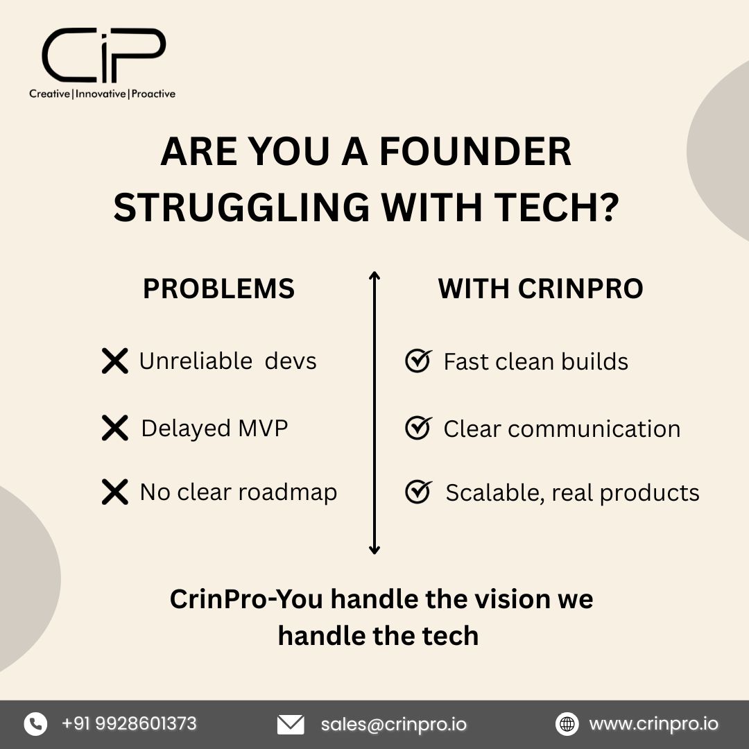 CrinProSolution's tweet image. Stuck with tech?

MVP half-built? Devs unreliable?
CrinPro helps non-tech founders launch fast.
Clear roadmap ✅
No chaos ✅

📩 DM us — you build the vision, we build the tech.
#CrinPro #StartupHelp #BuildWithUs #AppDev #TechForFounders