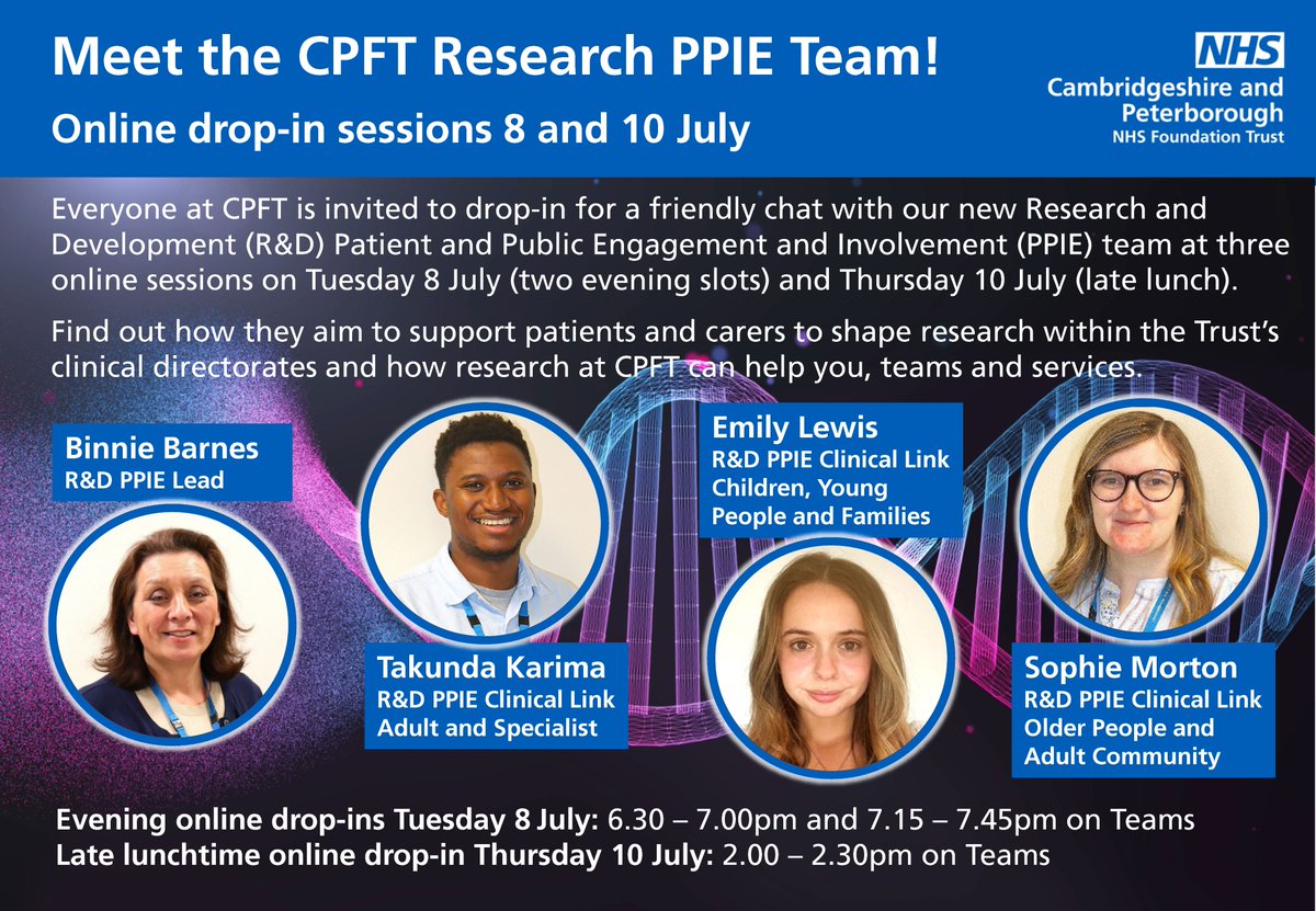 CPFT_Research's tweet image. 💻 Join our Research #PPIE team online this evening at 6.30pm / 7.15pm to find out how to help more people be involved in research @CPFT_NHS.
💡 If you'd like to discuss an idea for a health study or link up with our #research team, drop-in when you can!
➡️intranet.cpft.nhs.uk/events/event/m…