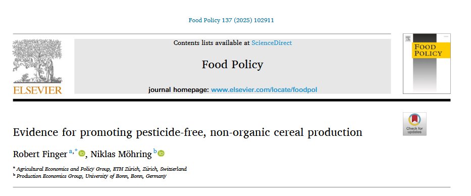 RobertFinger1's tweet image. &apos;Evidence for promoting pesticide-free, non-organic cereal production&apos;

New short policy paper in Food Policy with Niklas Möhring

Open Access: doi.org/10.1016/j.food…