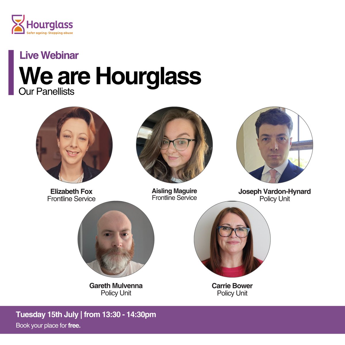 We’re excited to introduce our panellists for “We are Hourglass” – a free webinar on 15th July.

Join us to learn how we’re working to end abuse, harm &amp; exploitation of older people across the UK.

Book your free place: eventbrite.co.uk/e/140723260359…

#hourglass #webinar #saferageing