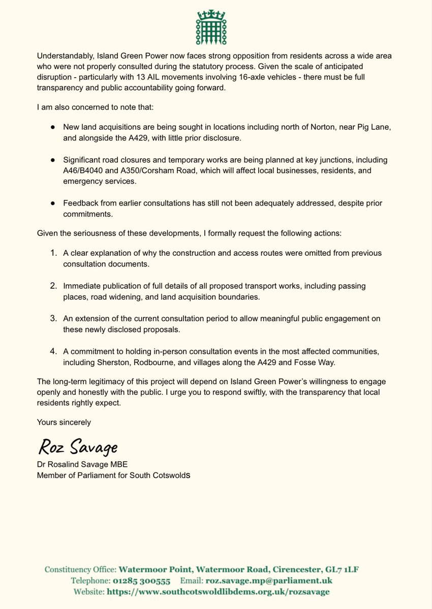 I’ve raised serious concerns with Island Green Power over newly revealed vehicle routes for Lime Down Solar Park, omitted from earlier consultations and disruptive to local villages. 

I’ve called for urgent action and will share updates when I hear back.

#SouthCotswolds