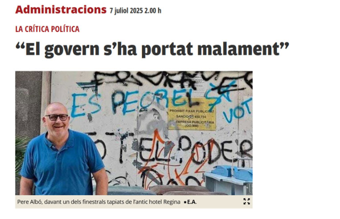 Pere Albó a El Punt Avui: El govern s'ha portat malament.
Davant de l’anunci de la subhasta de l’últim lot dels germans ganxons, Albó, regidor de <a href="/MES_SFG/">MEScat_SFGuíxols</a>, va preguntar per la inversió al municipi. La resposta del govern municipal ha indignat la població.
mesesquerres.cat/pere-albo-a-el…