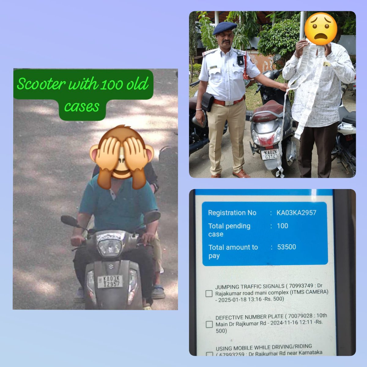 KAMAKSHIPALYA TRAFFIC BTP (@kmpalyatrfps) on Twitter photo Rider was caught for using an altered number plate to avoid the penalty on pending cases. BTP caught him and made to pay fine on both numbers. 127 pending cases - 65500/- fine collected. BTP is watchful. <a href="/Acpvnagartrfbcp/">Acp Vijayanagara Traffic Bangalore City</a> ; <a href="/DCPTrWestBCP/">DCP TRAFFIC WEST</a> ; <a href="/Jointcptraffic/">Joint CP, Traffic, Bengaluru</a> ; <a href="/blrcitytraffic/">ಬೆಂಗಳೂರು ಸಂಚಾರ ಪೊಲೀಸ್ BengaluruTrafficPolice</a> Rider was caught for using an altered number plate to avoid the penalty on pending cases. BTP caught him and made to pay fine on both numbers. 127 pending cases - 65500/- fine collected. BTP is watchful. <a href="/Acpvnagartrfbcp/">Acp Vijayanagara Traffic Bangalore City</a> ; <a href="/DCPTrWestBCP/">DCP TRAFFIC WEST</a> ; <a href="/Jointcptraffic/">Joint CP, Traffic, Bengaluru</a> ; <a href="/blrcitytraffic/">ಬೆಂಗಳೂರು ಸಂಚಾರ ಪೊಲೀಸ್ BengaluruTrafficPolice</a>