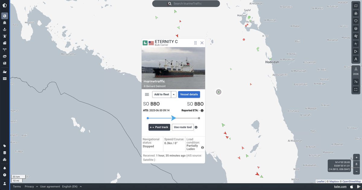 MarineTraffic's tweet image. Second bulk carrier attacked in Red Sea within 24 hours

On 7 July, the Liberian-flagged bulk carrier Eternity C was attacked by sea drones and skiffs in the southern Red Sea. The assault, according to reports, left two crew members seriously injured and two others missing. The…