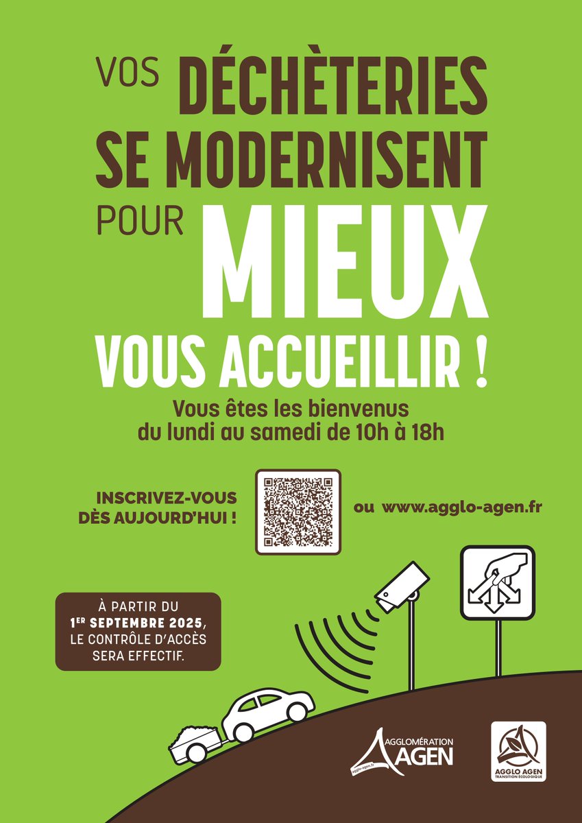 ♻ L’<a href="/AggloAgen/">Agglomération d'Agen 🇫🇷🇪🇺🇺🇦</a> poursuit l’amélioration des services proposés liés à la collecte des déchets.
Ainsi, à compter du 1er septembre 2025, la mise en place du contrôle d’accès sera effective dans les 9 déchèteries de l’Agglomération.
👉agglo-agen.net/vie-quotidienn…