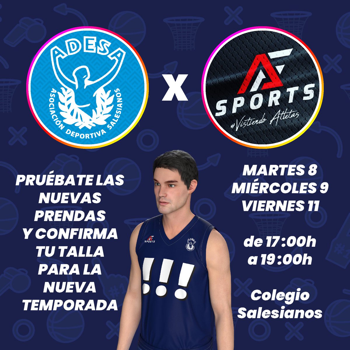 Esta nueva temporada <a href="/afsequipaciones/">AFS indumentaria</a> se une a la familia de <a href="/AdesaMalaga/">Adesa Málaga</a> como proveedor.

VEN A PROBARTE LAS NUEVAS PRENDAS PARA LA NUEVA TEMPORADA.

MARTES 8, MIÉRCOLES 9, VIERNES 11. De 17:00h a 19:00h en el Colegio Salesiano San Bartolomé.

#ADESA2K25