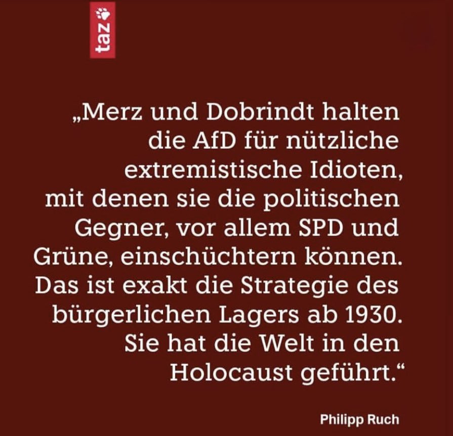 Das ist so auf den Punkt! 🎤

Immer noch zu meinen die A*D mit Argumenten stellen zu können und sie angeblich zu instrumentalisieren ist naiv und dumm.

#AfDVerbotSofort 
#AfDVerbotjetzt 
#AfDVerbotsverfahren 
<a href="/tazgezwitscher/">taz</a>