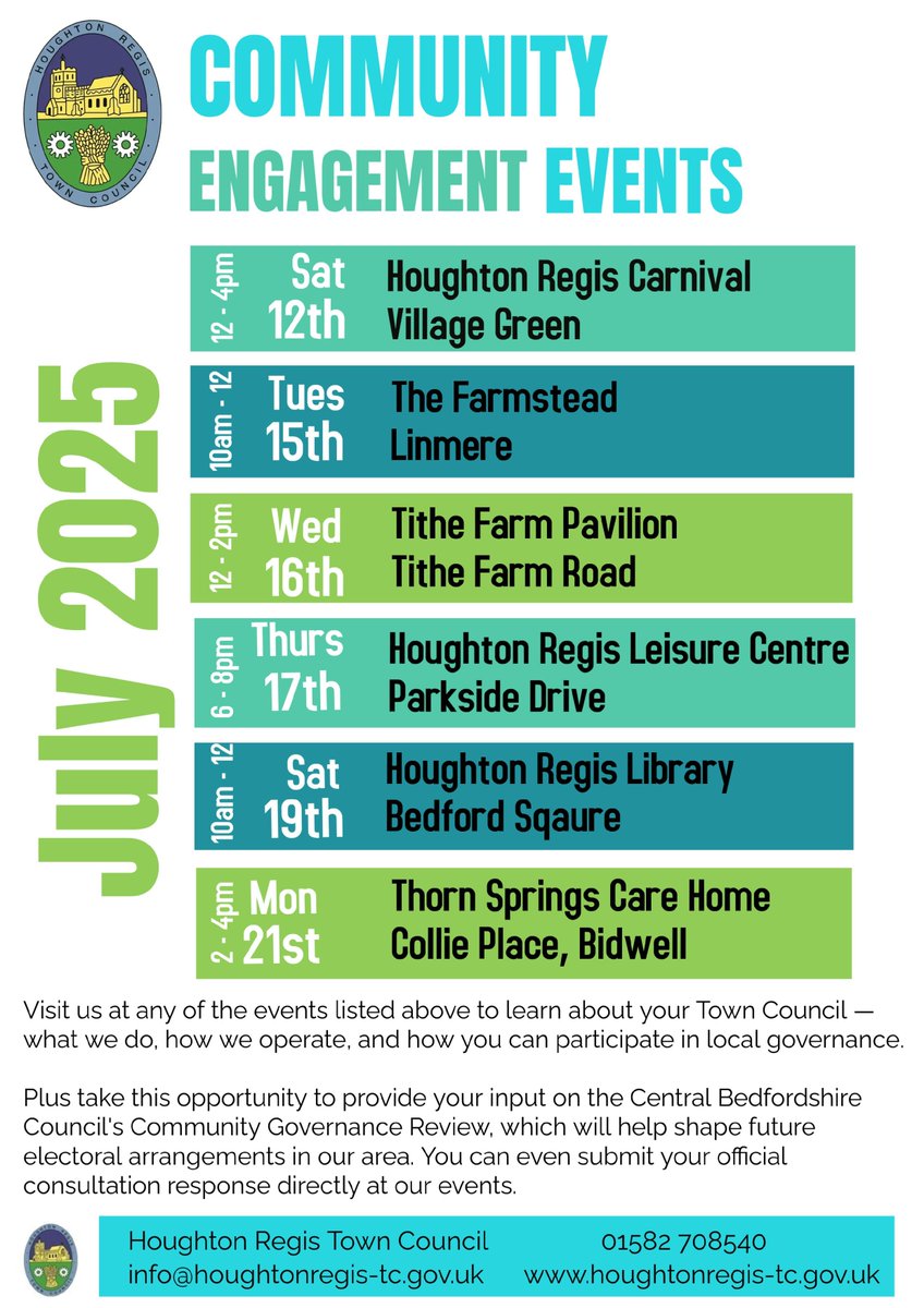 Houghton Regis Town Council is hosting a series of Community Engagement events this July - and you're invited! Share your views on the Central Bedfordshire Council’s Community Governance Review! You can contact Houghton Regis Town Council via: bit.ly/4jYLoO7