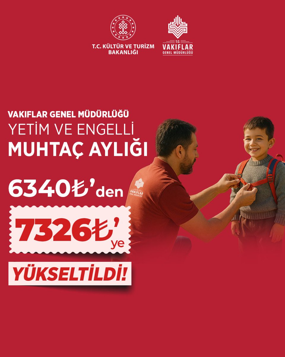 VAKIFLAR GENEL MÜDÜRLÜĞÜ YETİM VE ENGELLİ MAAŞLARINDA YENİ TUTAR BELİRLENDİ

Geçmiş ve günümüzden hayırseverlerimizin vakfiyelerinde yer alan şartlar uyarınca tahsis edilen Muhtaç Aylıkları'nın yeni miktarları belirlendi.

Kültür ve Turizm Bakanlığı Vakıflar Genel Müdürlüğünce;