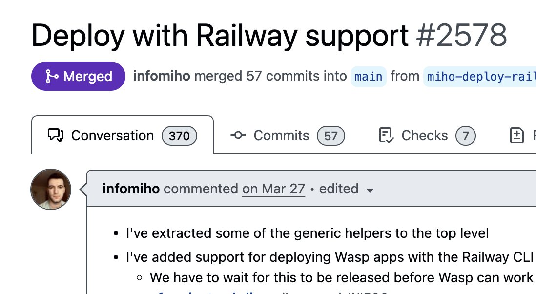 fuck yeah.

one command deployments to <a href="/Railway/">Railway</a> for your fullstack <a href="/WaspLang/">Wasp</a> apps coming next week! 

`wasp deploy railway` 🚊