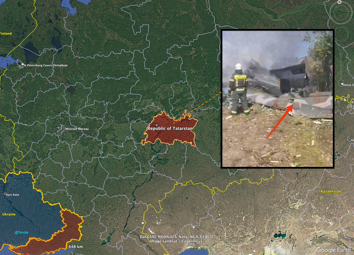 Tendar's tweet image. A Russian Sokol Altius-U (Altair) UAV on a test flight in Tatarstan, currently Russia, crashed. The UAV was flying quite low before hitting a residential area near a military airfield.