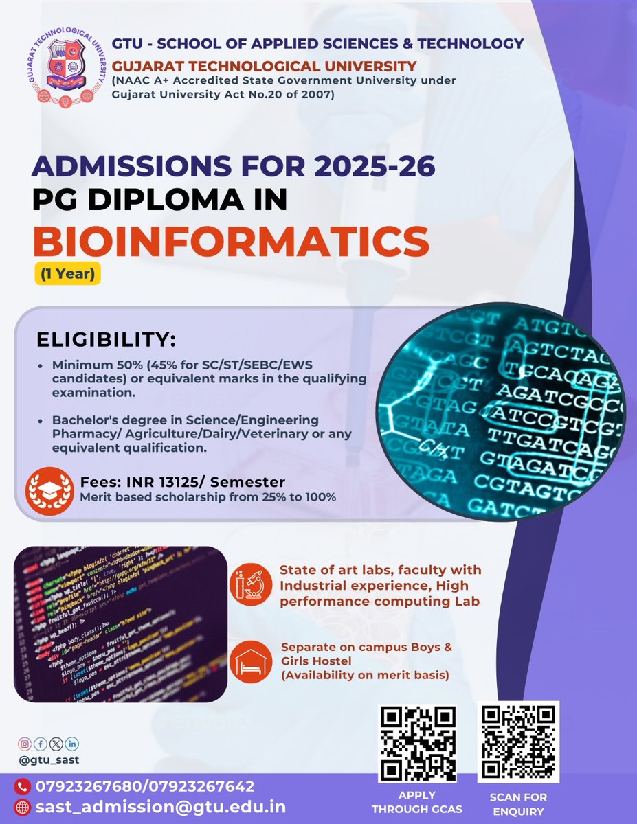 🎉 Admissions Open for the *4th Batch of PG Diploma in Bioinformatics!* 🎉

#GTU