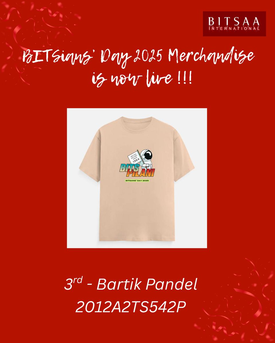 🚨 Official BITSians’ Day 2025 merch is here!

🎨 Winning designs by :
🚀Srikar Nagelli , Payal Panigrahy &amp; Bartik Pandel

🛒 Grab your tee &amp; wear the BITSian pride!
👉indipeepal.com/collections/bi…

#BITSiansDay #BITSAA #MerchDrop #BITSianSpirit