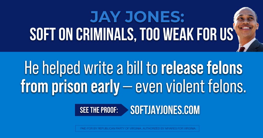 🚨STATEMENT: Republican Party of Virginia Launches 'Soft Jay Jones' Campaign 🚨

Today, the Republican Party of Virginia is launching a multi-tiered ‘Soft on Criminals Jay Jones’ campaign to expose Jay Jones and his Soft-On-Crime policies.

This campaign will include social media