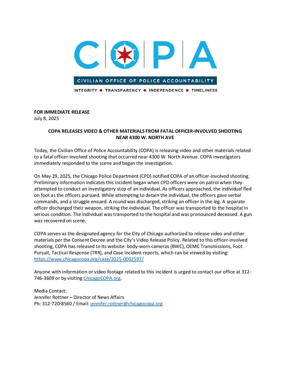 ChicagoCOPA's tweet image. COPA Releases Video & Other Materials From Fatal Officer-Involved Shooting Near 4300 W. North Avenue chicagocopa.org/case/2025-0002…