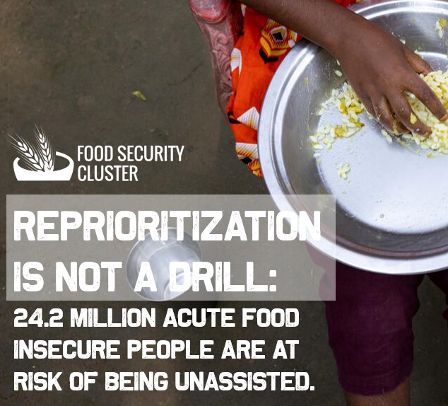 Food Security Cluster (@fscluster) on Twitter photo ❗️Hyper-prioritization of #foodsecurity assistance
❗️Almost 1 in 4 people suffering acute hunger were excluded from the hyper-prioritized target compared to the initial 2025 HRP target
📢Read more fscluster.org/news/reprioriz…
<a href="/WFP/">World Food Programme</a> <a href="/FAOemergencies/">FAO in Emergencies</a> <a href="/Concern/">Concern Worldwide</a> <a href="/IMPACT_init/">IMPACT Initiatives</a> <a href="/Welthungerhilfe/">Welthungerhilfe (WHH)</a> ❗️Hyper-prioritization of #foodsecurity assistance
❗️Almost 1 in 4 people suffering acute hunger were excluded from the hyper-prioritized target compared to the initial 2025 HRP target
📢Read more fscluster.org/news/reprioriz…
<a href="/WFP/">World Food Programme</a> <a href="/FAOemergencies/">FAO in Emergencies</a> <a href="/Concern/">Concern Worldwide</a> <a href="/IMPACT_init/">IMPACT Initiatives</a> <a href="/Welthungerhilfe/">Welthungerhilfe (WHH)</a>