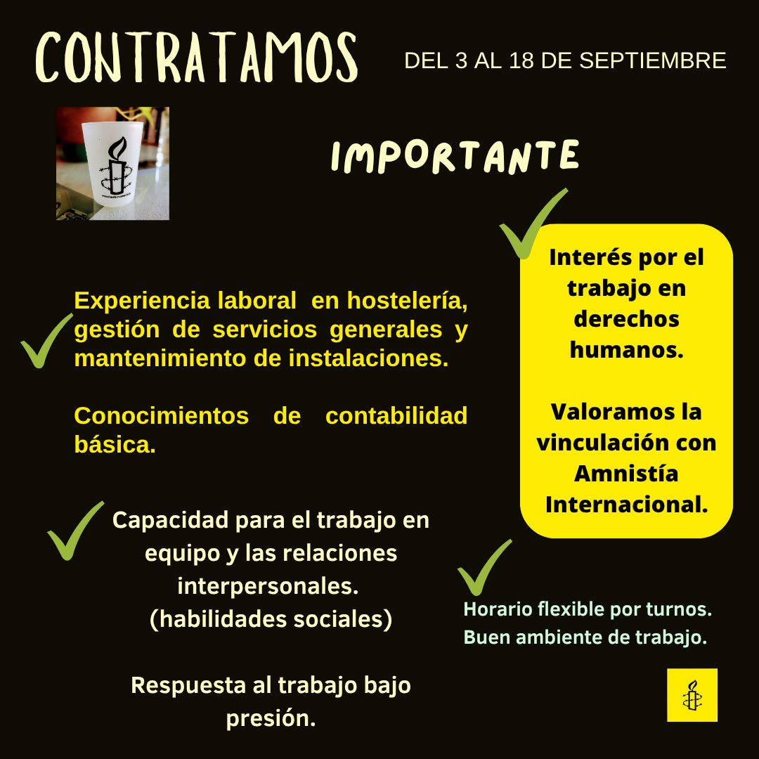 Amnistía Internacional ALBACETE (@amnistiaab) on Twitter photo Te interesa⚠️Aviso:
Queremos una feria de #Albacete en la que se visibilice la defensa de los derechos humanos.
👉Contrato del 3 al 18 de septiembre en horarios flexibles.
👉Currículum en albacete@es.amnesty.org hasta el 1 de agosto
#HumanRights #FeriaDeAlbacete25 Te interesa⚠️Aviso:
Queremos una feria de #Albacete en la que se visibilice la defensa de los derechos humanos.
👉Contrato del 3 al 18 de septiembre en horarios flexibles.
👉Currículum en albacete@es.amnesty.org hasta el 1 de agosto
#HumanRights #FeriaDeAlbacete25