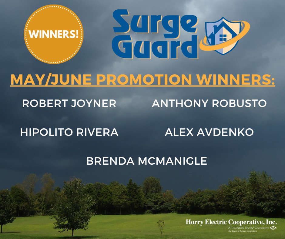 Congratulations to the Surge Guard promotion winners! These members enrolled in HEC's Surge Guard program to help protect their homes from indirect lightning strikes and power surges.⚡

THANK YOU to every member who enrolled in this program! 

Learn more: horryelectric.com/energy-program…