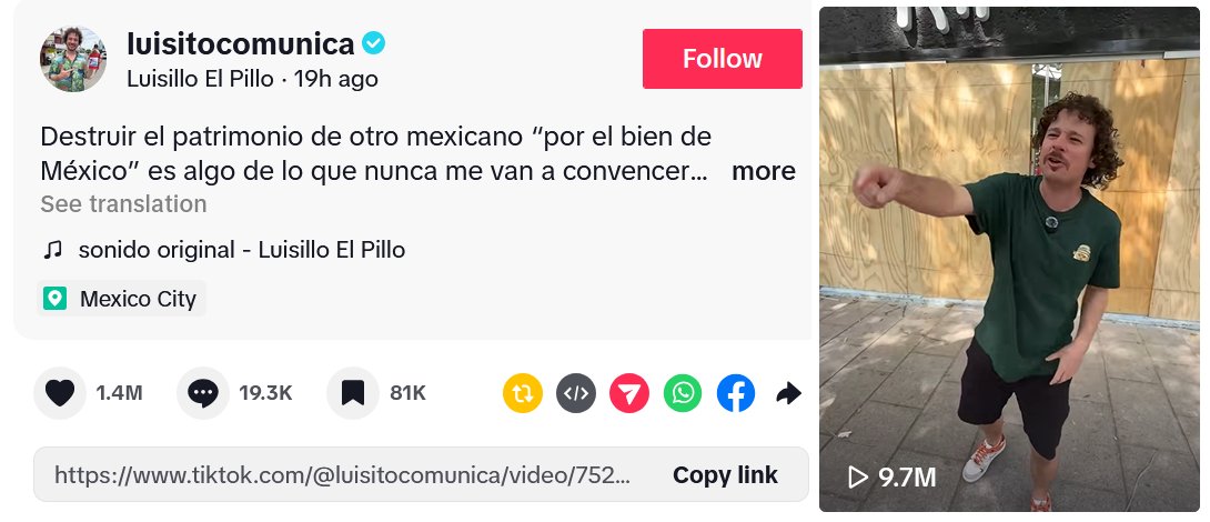 Y así, solito y sin esfuerzo con un video, Luisito comunica reventó la narrativa anti-gentrificación que traía el aparato propagandista.🤭

Su impacto en millones de vistas supera por mucho a los propagandistas y bufones del bienestar.😉